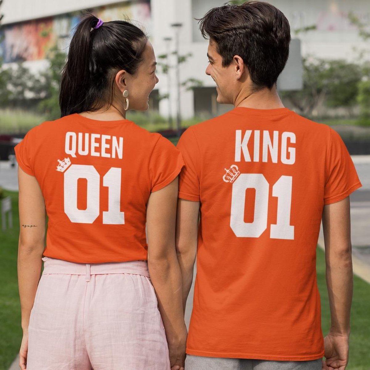 Oranje EK WK & Koningsdag T-Shirt King Queen 01 (HEREN - MAAT L) | Oranje Kleding | Feestkleding